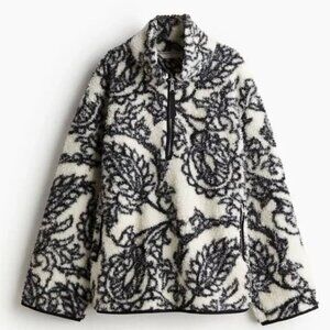 H&M Black & White Floral Sherpa Fleece Pullover Half Zip Teddy – Size S